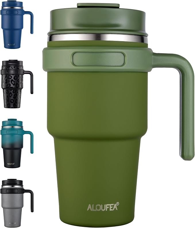 20 oz Insulated Travel Coffee Mug Tumbler with Handle and Straw | Leakproof Stainless Steel Coffee Cup with Lid, Double Wall Vacuum Ice Thermal Cup, Army Green by ALOUFEA