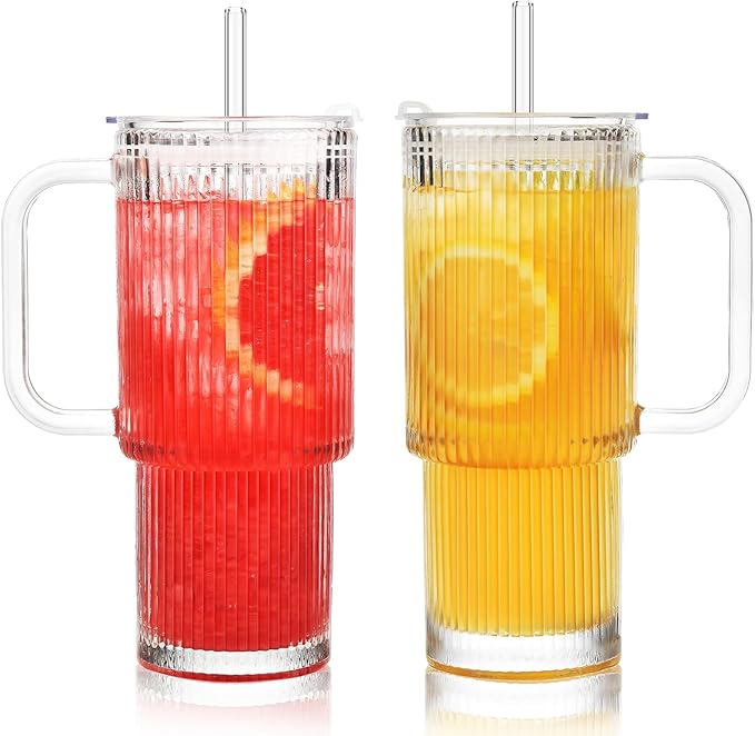 ALINK 26 oz Ribbed Glass Tumbler with Handle Lid and Straw, 2 Pack Ripple Large Iced Coffee Cups with Straws, Aesthetic Glass Travel Tumbler for Hot & Cold Beverages, Smoothies, Tea and Juice - Clear