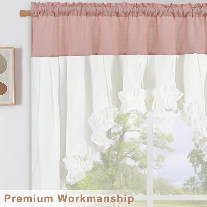 Likiyol Linen Valances for Windows Farmhouse Ruffle Swag Valance Rustic Country Window Valances Light Filtering Kitchen Curtains Rod Pocket Valance Curtains for Bathroom Cafe, Pink White, 60"W x 36"L - Image 7
