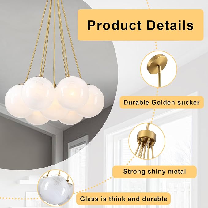 Modern Globe Chandelier Milky Glass Shade Gold Sputnik Ceiling Light Fixture, Mid Century Bubble Dining Room Pendant Light, Hanging Island Light for Kitchen Bedroom Entryway Over Table - Image 2
