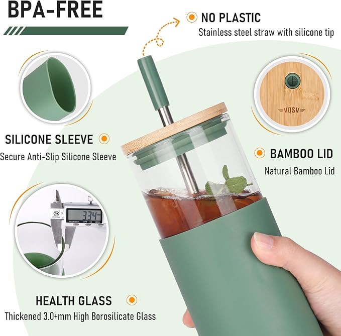 Glass Cups with Lids and Straws - 40 oz Tumbler with Handle - 16 oz Reusable Water with Bamboo Lid, Stainless Steel Straw, Silicone Sleeve for Coffee, Smoothi, Hot, Cold Drinks (2 Count)