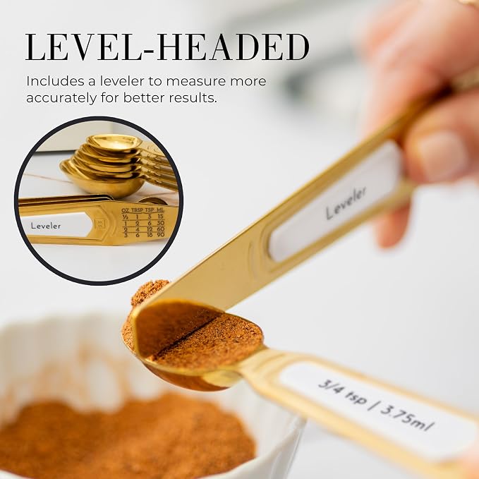 Styled Settings White and Gold Measuring Spoons with Leveler, 8-Piece | Dual-Sided, Stackable, Stainless Steel Magnetic Measuring Spoons Set - Fits in Spice Jars, White and Gold Kitchen Accessories - Image 4