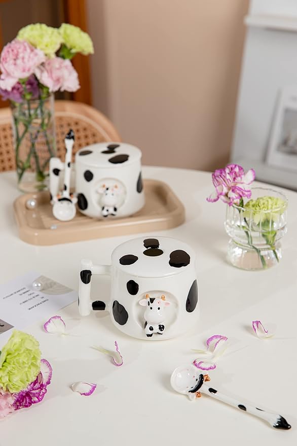 DIHOclub Adorable 3D Ceramic Cow Mug with Lid and Spoon - Perfect for Coffee, Tea, Milk, and More - Ideal Gift for Animal Lovers Gift for Mather- 14 Ounces(BLack white) - Image 4