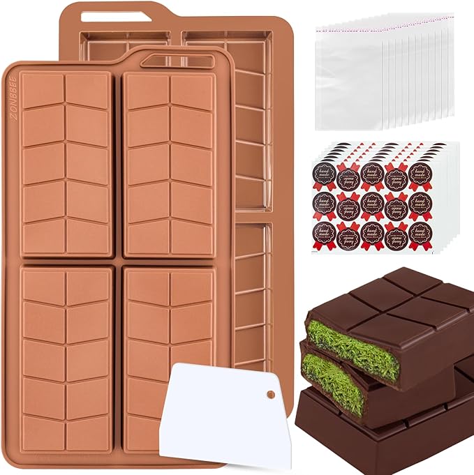 Chocolate Bar Molds Silicone Non Stick 0.82inch Deep,Large Dubai Chocolate Stuffed Mold Kit for Making Thick Pistachio Candy Granola Bar with 2 Pack and 100pcs Bags and 104pcs Stickers