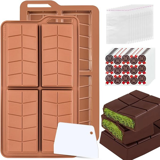 Chocolate Bar Molds Silicone Non Stick 0.82inch Deep,Large Dubai Chocolate Stuffed Mold Kit for Making Thick Pistachio Candy Granola Bar with 2 Pack and 100pcs Bags and 104pcs Stickers