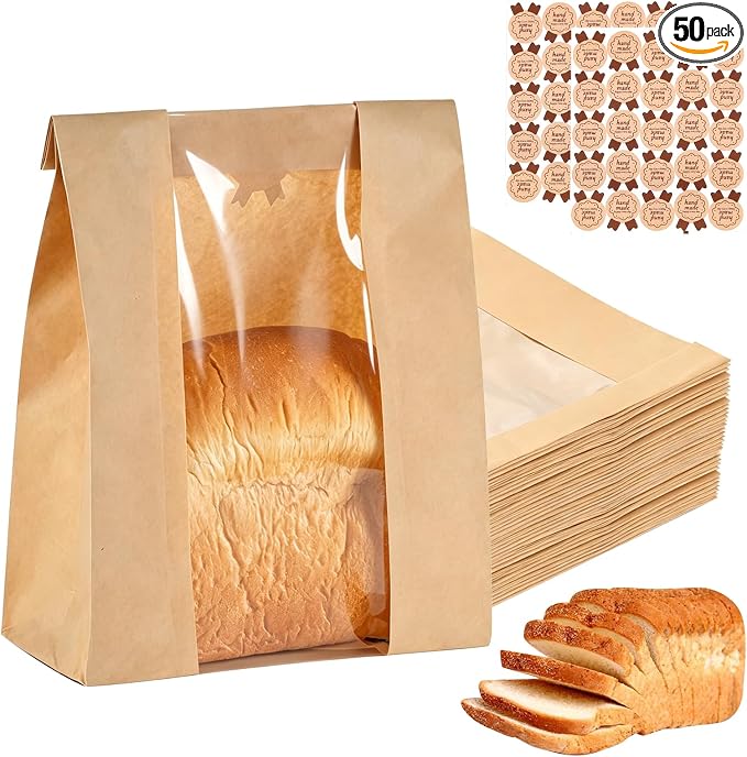 Banana Bread Packaging, Bread Packaging for Homemade, 50 Pcs 13.78" × 8.27" × 3.54" Bags with Clear Window and 50 Stickers, Water and Oil Repellent, Easy to Use, Well-Sized for Baked Goods by Unknown