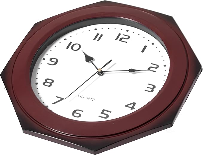 Clockswise Quickway Imports Brown Modern Decorative Octagon Shaped Wood- Looking Plastic Wall Clock for Living Room, Kitchen, or Dining Room - Image 3