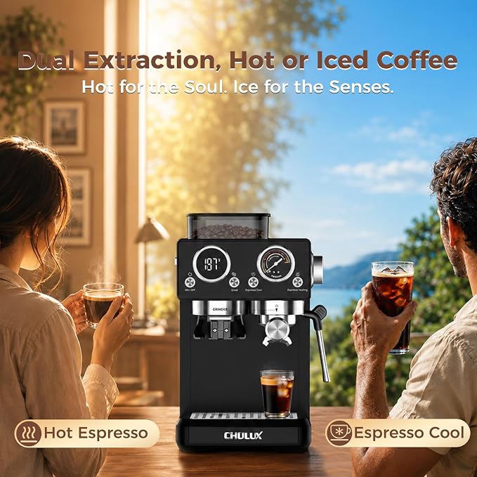 CHULUX Nero 20Bar Espresso Machine with Conical Burr Grinder for Cappuccino | Hot and Iced Espresso, 4-in-1 Brewing Function, Real-Time Pressure and Temp, Steam Wand for Microfoam, Home Barista Brewing - Image 8