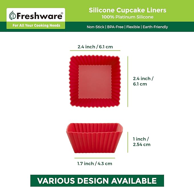Freshware Cupcake Liners, Pack of 12 Silicone Muffin Cups, Baking Cups, Reusable & Non-stick Cupcake Liners for Party Halloween Christmas, Square