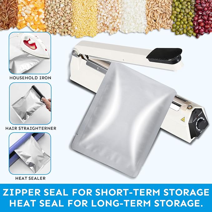 Mylar Bags 2Quart 50PCS 8"X12" for Food Storage with Oxygen Absorbers&Labels,10Mil Thick Resealable Zipper&Heat Seal Stand Up Pouches for Packaging Long Term,Dried Food,BPA Free - Image 4