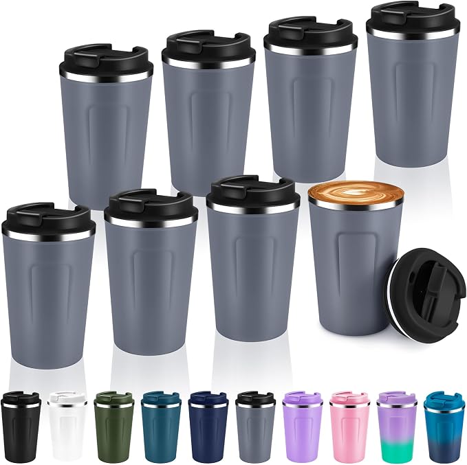 Volhoply 12 oz Double Wall Insulated Vacuum Travel Coffee Mug with Flip Lid Bulk 8 Pack,Reusable Stainless Steel Leak Proof Coffee Cup,Portable Cafe Thermal Tumblers for Hot & Cold Drinks(Gray,8 Set) by LiveFully%EF%BC%8CDrinkFreely%E2%80%94KeepGoingwithVolhoply%EF%BC%81