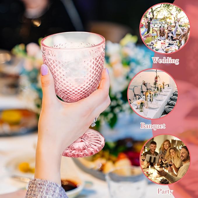 Bokon 6 Pack Pink Glass Goblets Set 10 oz High Clear Wine Glass Vintage Water Goblets Cups Embossed Diamond Design Glassware with Stem for Drinking Juice Liquor Party Wedding Bar - Image 7