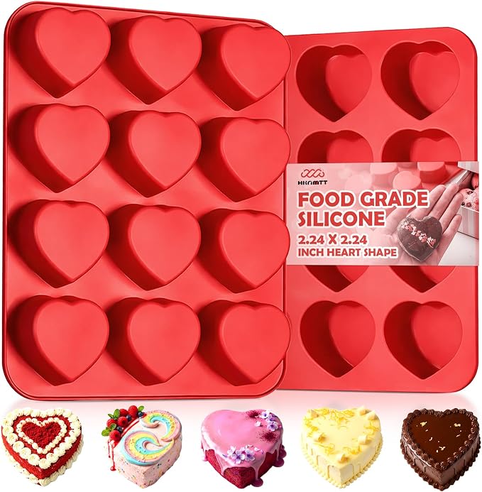 HKNMTT 2Pcs Silicone Heart Molds for Chocolate Muffin 12-Cavity Nonstick | 2.2 Inch，BPA-Free，Oven Safe Mold for Cakes Jello Soap Cupcake Dessert, Valentine's Day by HKNMTT
