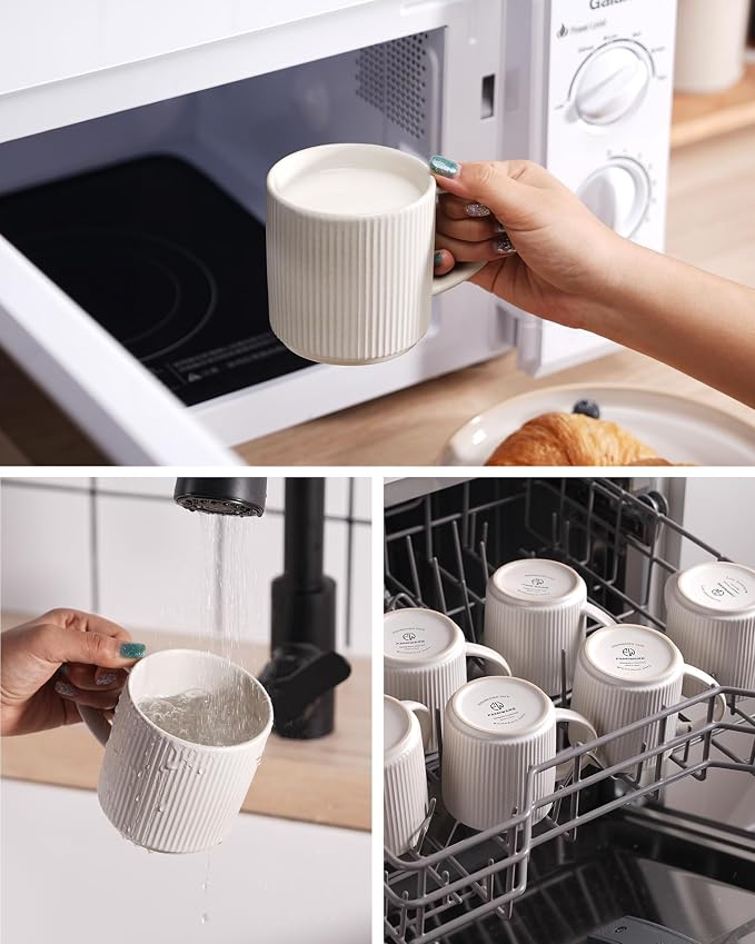 famiware Coffee Mug Set for 6, Star 12 oz Catering Mugs Cup Set with Handle for Coffee, Tea, Cocoa, Milk - Ceramic Stoneware Drinkware Set, Matte White + Matte Black - Image 3
