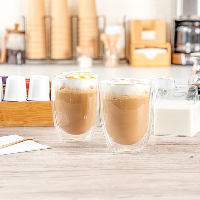Restaurantware-Forma Professional 11.8 Ounce Double Wall Coffee Cups, 2 Insulated Latte Glasses - Dishwashable, Reusable, Clear Glass Beverage Cups, Freezable, For Hot Or Cold Beverages