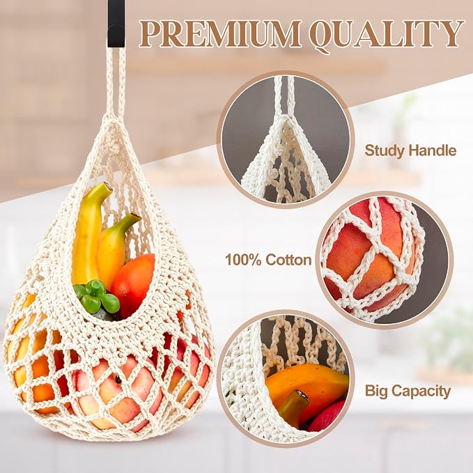 Honeydak Boho Decor Hanging Wall Baskets for Kitchen 3 Pack Teardrop Baskets with Hooks Storage Fruit Onion Vegetable Potato for Home 3 Sizes (White,Crochet,Cotton Rope) - Image 6