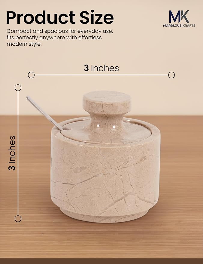 MARBLOUS KRAFTS Marble Salt Cellar 3" Inch Verona Stone Salt Container, Ideal Set of 2 Coffee Storage Container Kitchen Countertop, Candy Jars with Lids and Spoons, Spice Storage - Image 3