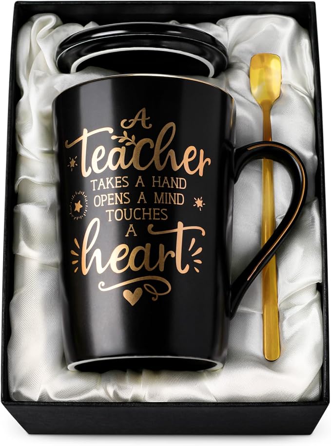 Best Teacher Appreciation Gifts for Men Women, 14oz Unique Black Coffee Mug | Gold Print Teacher Ceramic Cup, Presents for Teachers Graduation Retirement Valentine, with Lid Spoon Card, Nice Gift Boxed by ALBISS