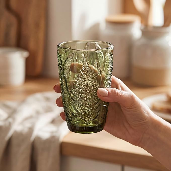 Green Drinking Glasses Set of 8 - 12 & 10 oz, Vintage Boho Fern Glass Cups | Hand-Pressed, Dishwasher Safe, Leaf-Textured Glassware, Colored Embossed Highball & Lowball Tumblers for Water, Retro Kitchen - Image 3