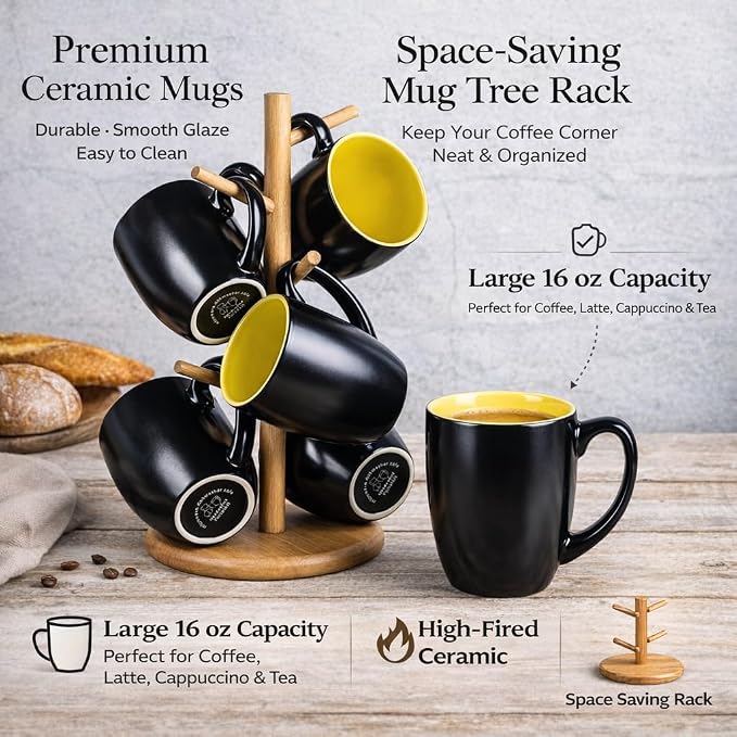 GBhome 16oz Coffee Mugs Set of 6, Large Ceramic Coffee Mugs for Man, Woman, Dad, Mom, Modern Coffee Mugs Set with handle for Tea/Latte/Cappuccino/Milk/Cocoa. Dishwasher&Microwave Safe,Yellow - Image 7