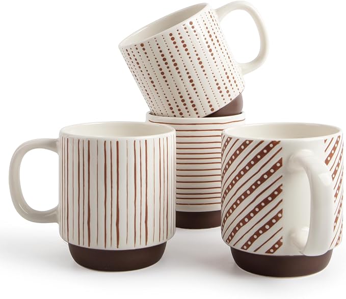 DOWAN Stackable Coffee Mugs, 12 oz Ceramic Coffee Mug Set of 4, Coffee Cups with Chocolate-Colored Geometric Patterns for Latte, Cappuccino, Cocoa, Dishwasher & Microwave Safe, Off White by DOWAN