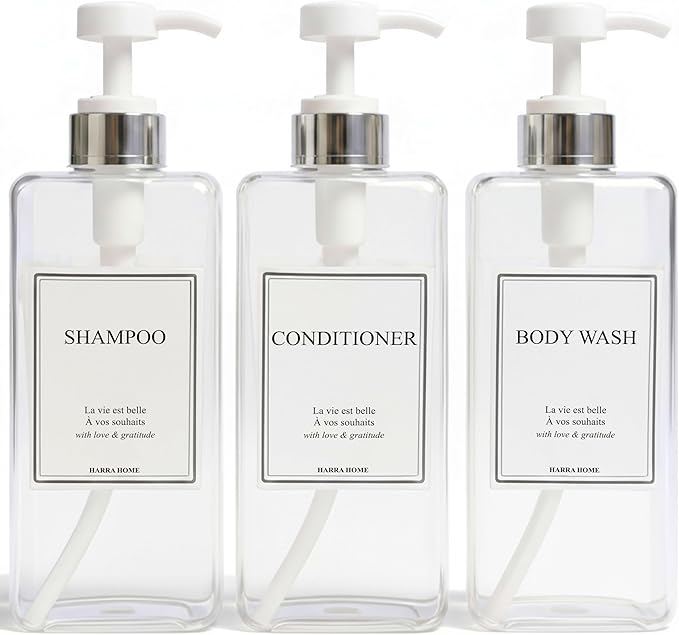 Modern Design Large 27 oz Shampoo and Conditioner Dispensers - Plastic Refillable Pump Bottle Set for Bathroom Shower Soap Dispenser, Includes 6 Waterproof Labels, Set of 3 (Clear & Silver)