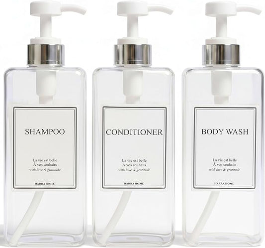 Modern Design Large 27 oz Shampoo and Conditioner Dispensers - Plastic Refillable Pump Bottle Set for Bathroom Shower Soap Dispenser, Includes 6 Waterproof Labels, Set of 3 (Clear & Silver)