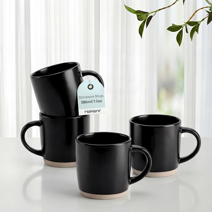HaWare 13OZ Coffee Mugs Set of 4, Stoneware Coffee Cups, Ceramic Latte Mug for Man, Woman, Dad, Mom, Modern Tea Mugs for Latte/Cappuccino/Cocoa/Milk, Dishwasher& Microwave Safe, Frosting Black by HaWare