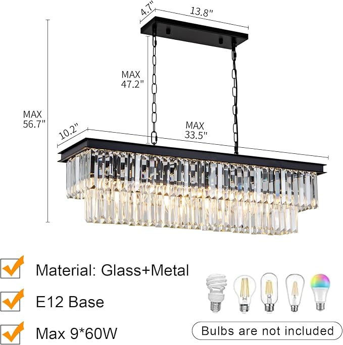Black Crystal Chandelier for Dining Room Light Fixture Rectangle Modern Farmhouse Chandelier Contemporary Pendant for Kitchen Island Living Room Long Chandelier Rectangular Lighting - Image 3