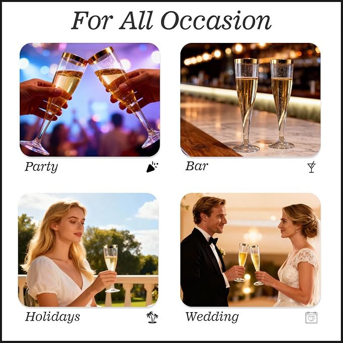 Bestluck 100 Pack 4.5 oz Gold Glitter Champagne Flutes Plastic | Plastic Disposable Stemware with Gold Rim, Disposable Champagne Flutes for Party, Mimosa Bar, Wedding, Anniversary - Image 7