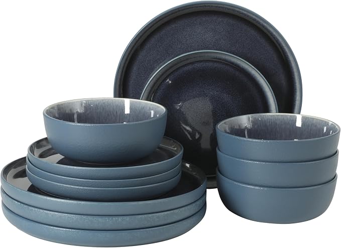 Gibson Elite Reactive Stoneware Dinnerware Set - Tahoe Sunset Matte Exterior & Shiny Interior Blue | 12-Piece – Plates and Bowls, Durable Everyday Dish Set, Microwave & Dishwasher Safe by GibsonHomewares
