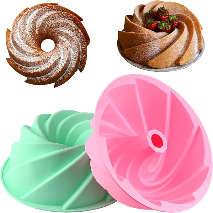 HUAKENER Large Fluted Cake Pan (2 Pack) - Nonstick Fluted Tube Pan ﻿ | 9.5 Inch Silicone Cake Molds, Large Round Silicone Mold for Cake, Brownie, Cornbread, Jello Cake by HUAKENER