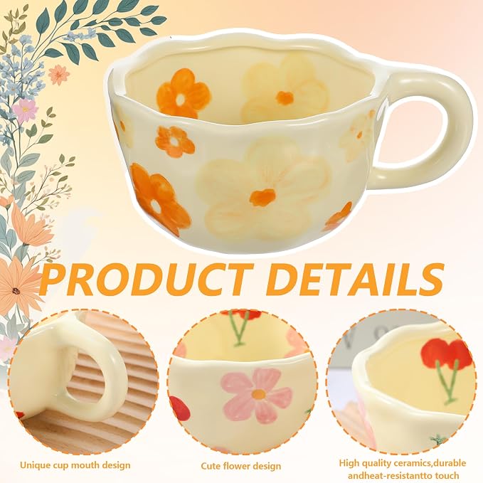 Lemecima 4 Styles Cute Ceramic Flower Coffee Mug Set 8.5 oz Vintage Aesthetic Porcelain Floral Tea Coffee Cup with Handle Dishwasher Microwave Safe for Thanksgiving Christmas Gifts for Women Gifts - Image 4