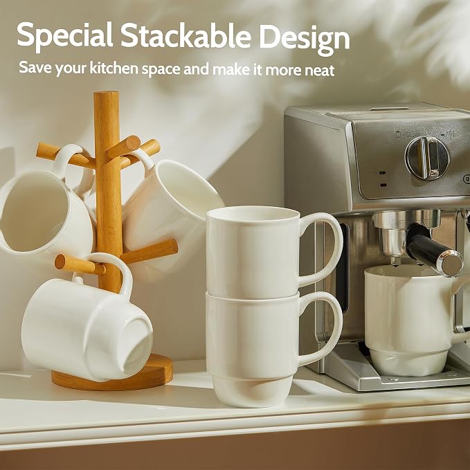 Sweese 21 Oz Large Mug Set, Porcelain Stackable Mugs Sets of 6, Coffee Cups with Handle for Coffee, Tea and Mulled Drinks, White - Image 3
