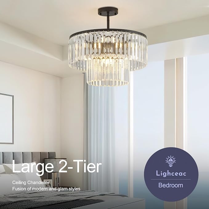 17.7" Black Semi Flush Mount 2-Tier Crystal Ceiling Light Fixtures for Dining Room Modern Luxury 8-Light Chandeliers Lighting for Bedroom Entryway Hallway Kitchen Island Living Room Foyer - Image 6