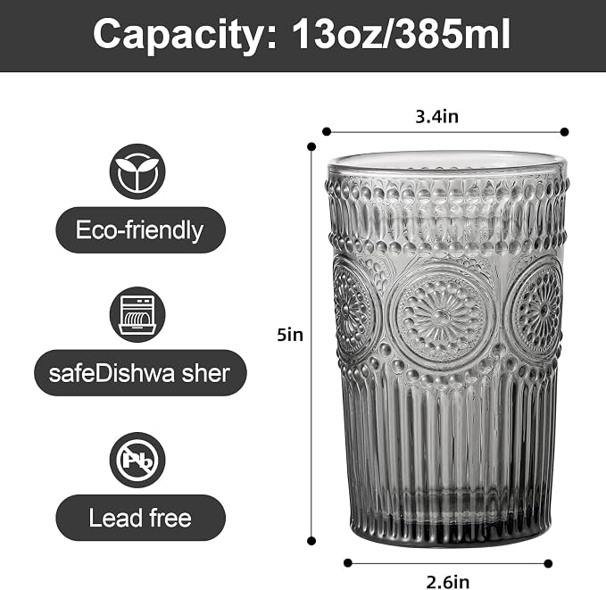 ZMOWIPDL Drinking Glasses Set of 6,13oz Flower Design Grey Glass Cups | Vintage Glassware,Textured Tumblers,Embossed Striped Drinkware for Water,Cocktails,Juice,Iced Coffee - Image 2