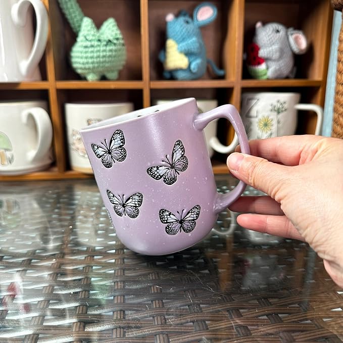 16oz Ceramic Coffee Mug for Office and Home, Hand Painted with Handles Tea Cup, Cute Vintage Butterfly Mug,Best Gifts for Women and Men,Dishwasher Microwave Safe (Light Purple) - Image 5