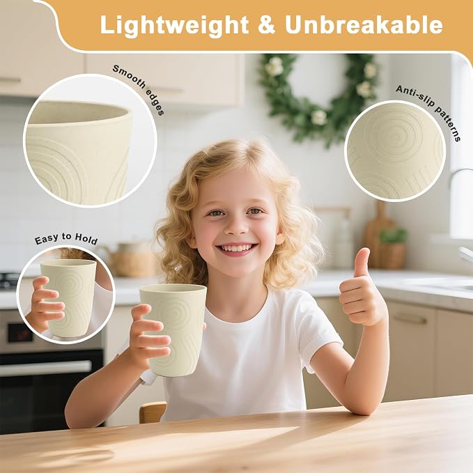 12 oz Kids Cups，Wheat Straw Cups Set of 6, Alternatives to Plastic Cups Reusable, Unbreakable Water Tumbler, Dishwasher Safe Small Water Cups for Kitchen, Plastic Glasses Drinking (Beige) - Image 4