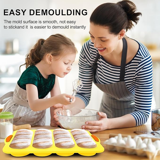 Silicone Bread Loaf Pan, 4-cavity Non-Stick Baguette Bread Pan Heat Resistant Hot Dog Bun Mold, for Sub Roll Baking Pan Bread Pans for Homemade Bread（Yellow）