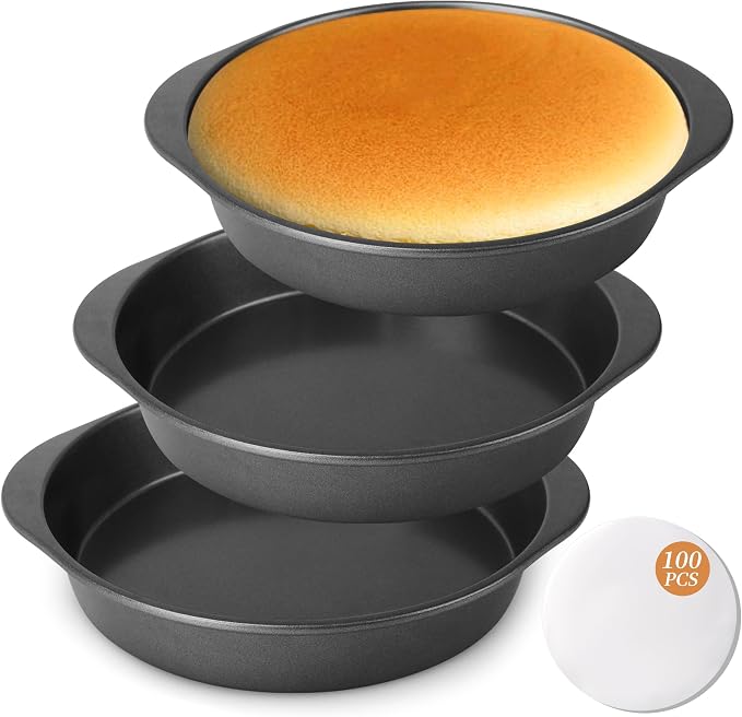 BEWOS 9 Inch Cake Pan Set - 100 Pcs Parchment Paper With 3 Pcs Carbon Steel Round Cake Pans, Nonstick Baking Pans Set With Handle, Dishwasher Safe by BEWOS