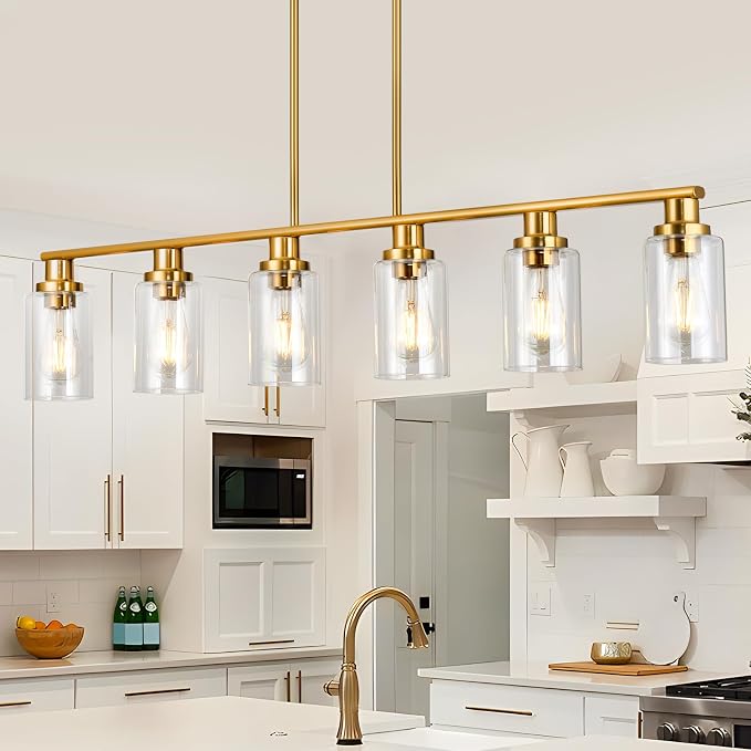 Kitchen Island Lighting, 6-Light Modern Dining Room Light Fixture Over Table,44.3'' Vintage Farmhouse Gold Linear Chandelier, Industrial Pendant Lights for Kitchen Island with Clear Glass Shade - Image 6