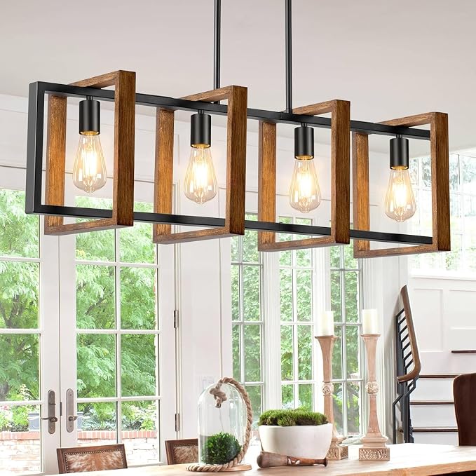 4 Lights Dining Room Light Fixture, Farmhouse Kitchen Island Lighting Wood and Black Metal Rectangular Hanging Chandelier for Ceiling Living Room, Modern Rustic Pendant Lighting Fixture Over Table by Brightever