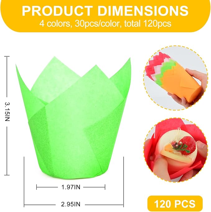 120 Counts Colorful Tulip Cupcake Liners for Baking Cups, Food Grade Parchment Paper Muffin Liners Holders, Standard Tulip Cupcake Liners, Greaseproof Cup Cake Wrappers for Party, Christmas, Neyimqr - Image 2
