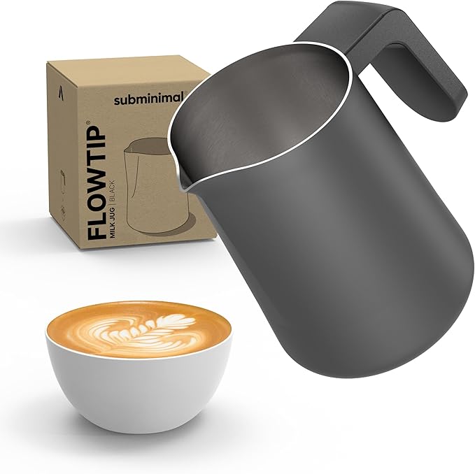 Subminimal FlowTip Milk Jug - Stovetop Milk Frothing, Foaming Pitcher for Barista-Style Coffee - Cappuccino & Latte Art Pouring Jug with Heat Resistant Handle - Coffee Lover Gifts - 450ml, Black