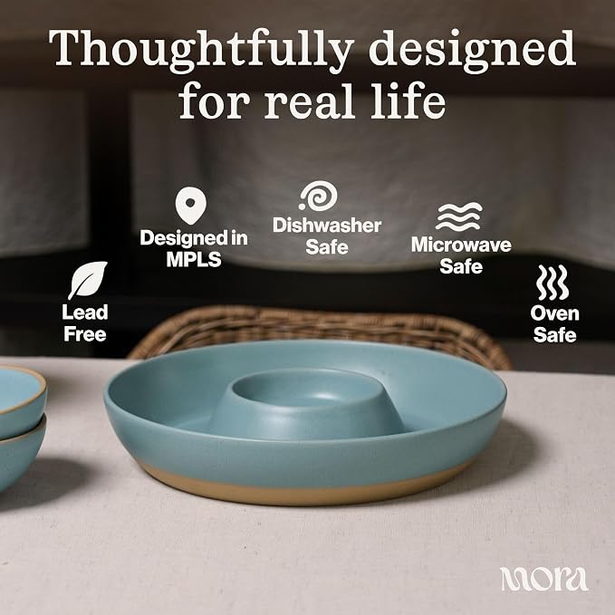MORA Ceramic Chips and Dip Serving Tray: Large Divided Party Bowl Set for Chips & Salsa, Veggies & Dip, Fruit, Snacks, Entertaining, Hosting, etc. Minimalist Design for the Modern Hostess - Oat - Image 4