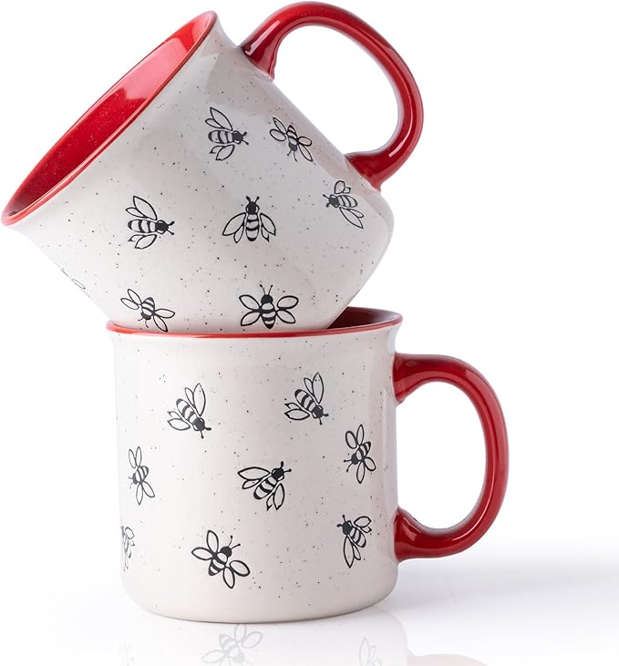 AmorArc 22 OZ Large Ceramic Coffee Mugs, Oversized Soup Cups With Big Handle for Men Women Dad Mom, Big Mug With Textured Bees Patterns for Office & Home -Microwave Safe, 2 Pcs-Red by AmorArc