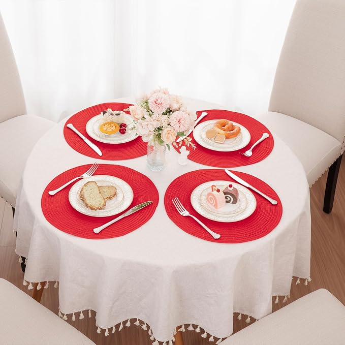 SHACOS Round Placemats Set of 4 Non Slip Washable Place Mats 15 inch Cotton Polyester Braided Placemat for Christmas Home Wedding Party Dining Table Decor (Red, 4) - Image 9