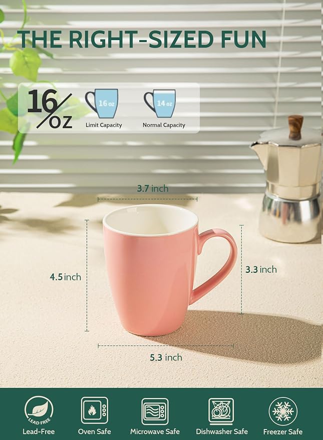 Sweese Porcelain Coffee Mugs - 16 Ounce (Top to the Rim) for Coffee, Latte, Tea, Cocoa, Set of 4, Pink - Image 2