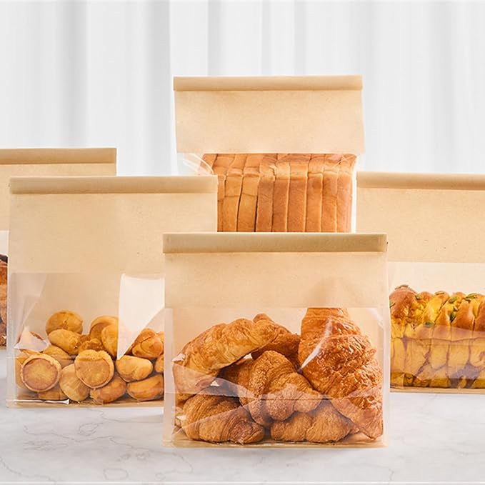 Ocmoiy Large Bread Bags for Homemade Breads, 8.7 x 4.3 x 11 Inches, 50 Pack | Tin Tie Tab Lock, Sourdough Bread Bags with Window, Clear Front Bakery Storage Bags, Paper Treat Bag - Image 5