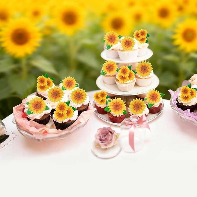 50PCS Edible Sunflower-Shaped Cake Decorations, With Green Leaves and Flowers, Suitable for Sunflower Bohemian Spring and Summer Themes, Birthdays, Weddings, and Christmas Parties (50 Flowers) - Image 6